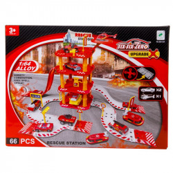 Tűzoltó parkolóház és helikopter leszálló fém kisatóval és tűzoltóval Autópályák, parkolóházak