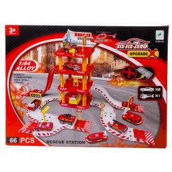 Tűzoltó parkolóház és helikopter leszálló fém kisatóval és tűzoltóval Autópályák, parkolóházak