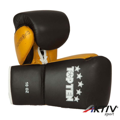 Bokszkesztyű Top Ten Profi bőr fűzős fekete-arany 10 oz