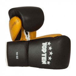 Bokszkesztyű Top Ten Profi bőr fűzős fekete-arany 10 oz Sportszer Top Ten