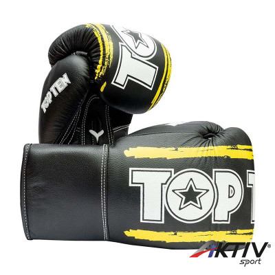 Bokszkesztyű Top Ten Round Up bőr fűzős fekete-sárga 18 oz