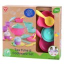 Műanyag teáskészlet edényekkel evőeszközökkel