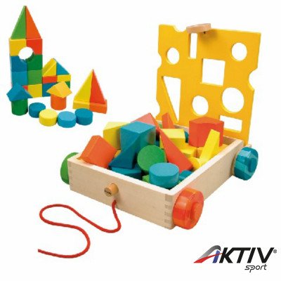 Fa építőkocka húzos kocsival WOODY
